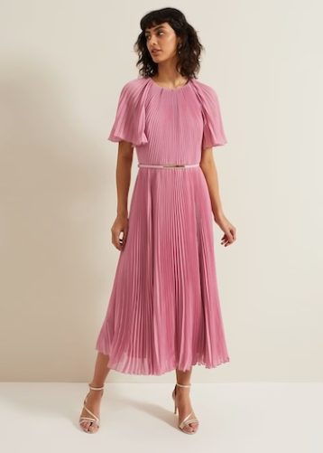 Phase Eight Kathleen Pleated Plain Midi Dress Pink