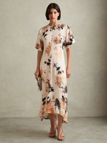 Reiss Chrissy Floral Print Midi Dress Pale Pink