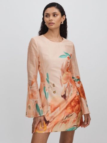 Reiss Leo Lin Linen Blend Printed A-Line Mini Dress Soft Peach Multi