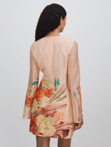 Reiss Leo Lin Linen Blend Printed A-Line Mini Dress Soft Peach Multi