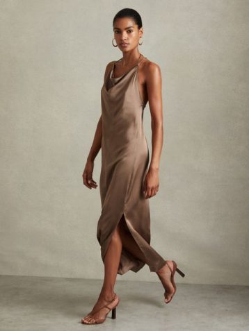 Reiss Lilah Satin Cowl Neck Maxi Dress Mink