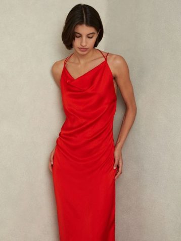 Reiss Lilah Satin Cowl Neck Maxi Dress Red