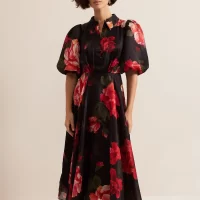 Phase Eight Cilla Floral Shirt Midi Dress Black red multi