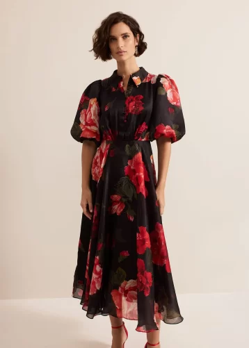 Phase Eight Cilla Floral Shirt Midi Dress Black red multi