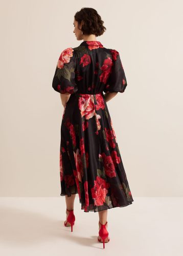 Phase Eight Cilla Floral Shirt Midi Dress Black red multi