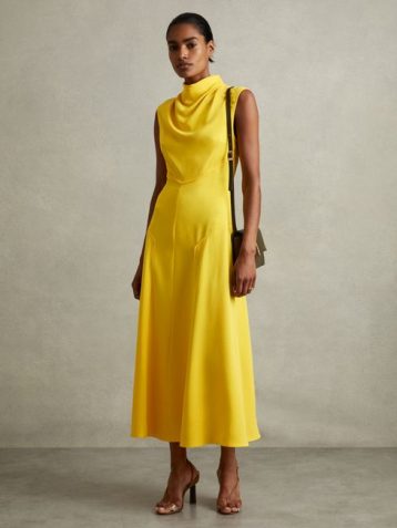 Phase Eight Georgia Cowl Neck Seam Detail Midi Dress Yellow