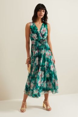 Phase Eight Nora Chiffon Floral Wrap Dress Green Multi