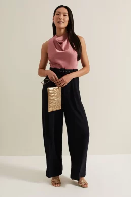 Phase Eight Sabina Satin Wide Leg Jumpsuit Black Pink Multi