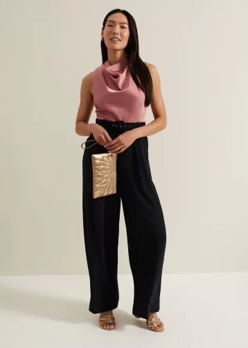 Phase Eight Sabina Satin Wide Leg Jumpsuit Black Pink Multi