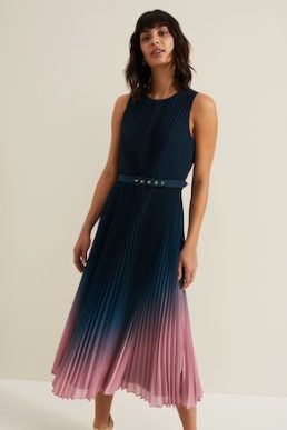 Phase Eight Simara Ombre Chiffon Midi Pleat Dress Navy Blue