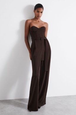 Reiss Estel Atelier Strapless Crepe Bustier Jumpsuit Chocolate