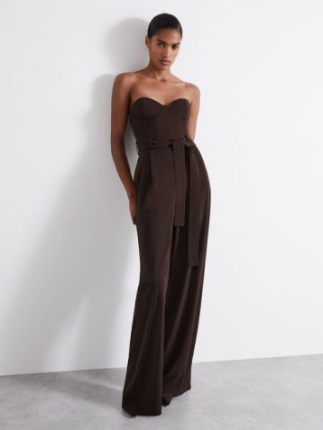 Reiss Estel Atelier Strapless Crepe Bustier Jumpsuit Chocolate