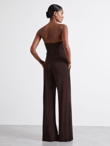 Reiss Estel Atelier Strapless Crepe Bustier Jumpsuit Chocolate