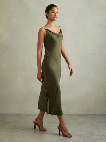 Reiss Isabel Satin Cowl Neck Midi Dress Khaki