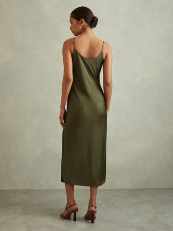 Reiss Isabel Satin Cowl Neck Midi Dress Khaki