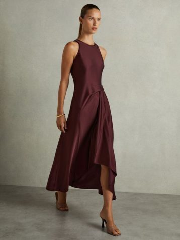 Reiss Micah Satin Drape Tuck Midi Dress Burgundy