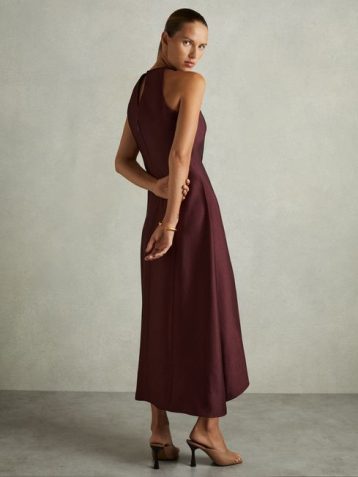 Reiss Micah Satin Drape Tuck Midi Dress Burgundy