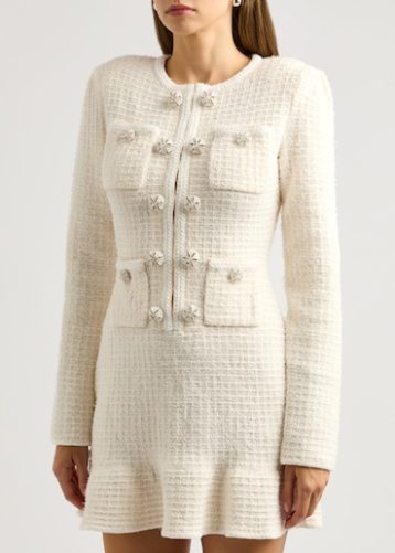 Self-Portrait Sequin-embellished bouclé tweed mini dress Ivory