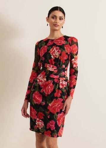 Phase Eight Roshni Mesh Floral Midi Dress Red Black