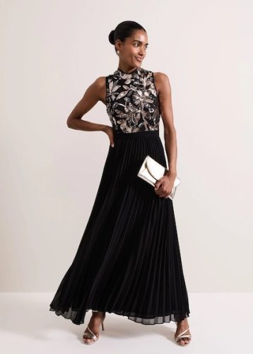 Phase Eight Emalise Sequin Pleat Maxi Dress Black Multi