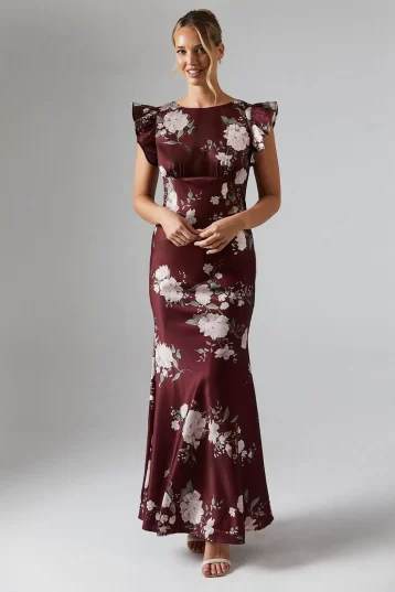 Coast Printed Ruffle Angel Sleeve Crepe Bridesmaids Maxi Dress