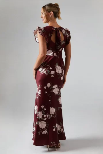 Coast Printed Ruffle Angel Sleeve Crepe Bridesmaids Maxi Dress