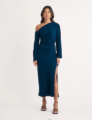 Nobody's Child Blue Asymmetric Gathered Katty Midi Dress