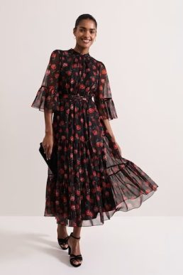 Phase Eight Lela Floral Textured Midi Dress Black Red