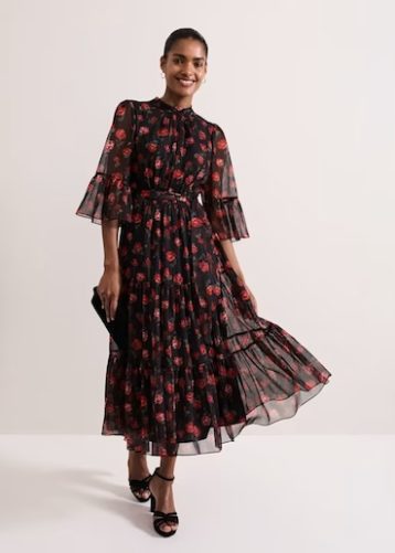 Phase Eight Lela Floral Textured Midi Dress Black Red