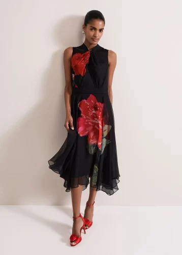 Phase Eight Lucia Chiffon Floral Midi Dress Black Red