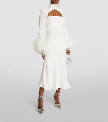 Pre-loved White Feather-Trim Odessa Midi Dress Ivory