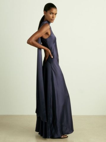 Reiss Fae Satin Cape Maxi Dress Indigo