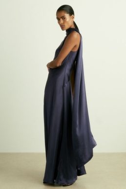 Reiss Fae Satin Cape Maxi Dress Indigo