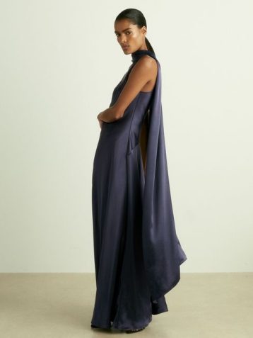 Reiss Fae Satin Cape Maxi Dress Indigo