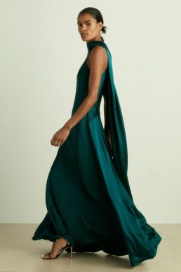 Reiss Fae Satin Cape Maxi Dress Teal