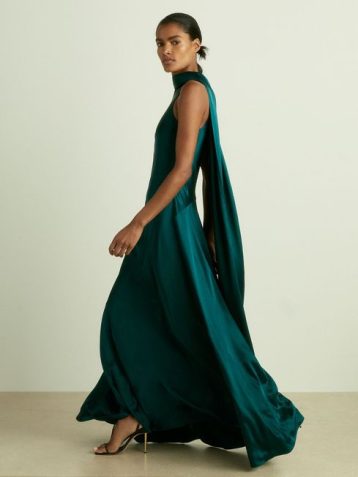 Reiss Fae Satin Cape Maxi Dress Teal