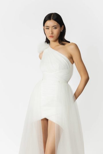 Sau Lee Sidney Dress One shoulder ruched tulle mini skirt detachable train White