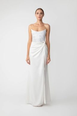 Say Lee Julia Jacquard Gown corset satin high-slit gown Ivory