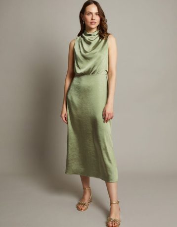 Monsoon Livia satin cowl halter midi dress green