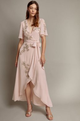 Monsoon Sarah embellished wrap dress pink blush