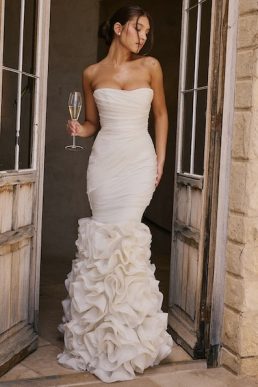 HOUSE OF CB Gabrielle ruffle-hem strapless woven bridal gown