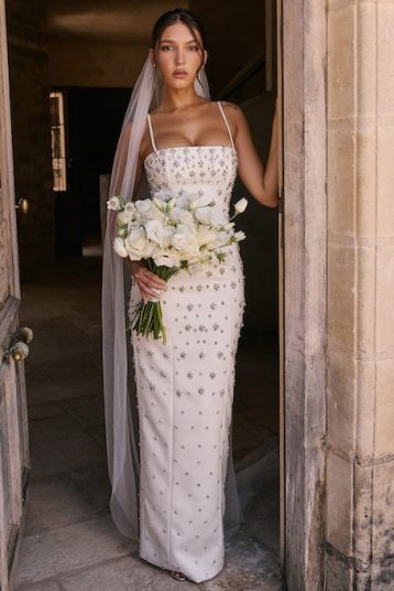 HOUSE OF CB Martine bead-embellished corseted satin bridal gown Ivory