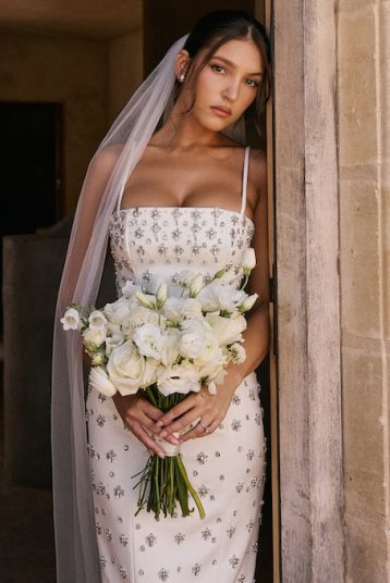 HOUSE OF CB Martine bead-embellished corseted satin bridal gown Ivory