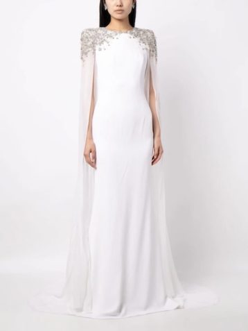 Jenny Packham Frida crystal-embellished cape gown White