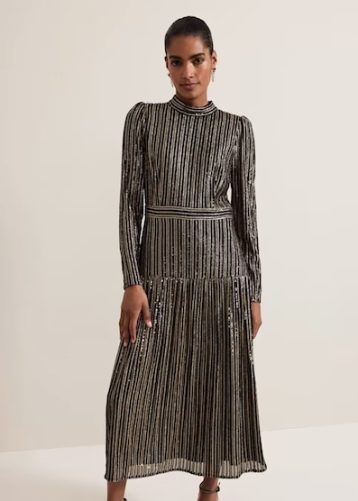 Phase Eight Gloria Sequin Stripe Midi Dress Black Multi Gold