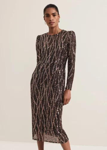 Phase Eight Kaleigh Sequin Midi Dress Gold Multi Black