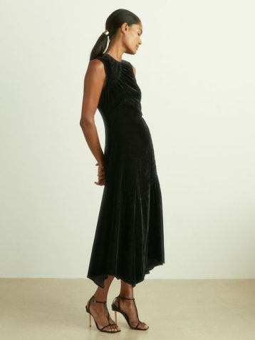 Reiss Blakely Velvet Shirred Panel Midi Dress Black