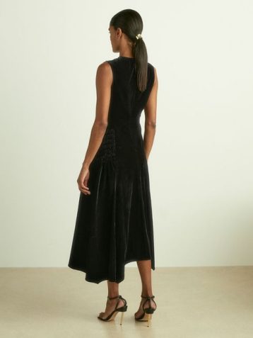 Reiss Blakely Velvet Shirred Panel Midi Dress Black