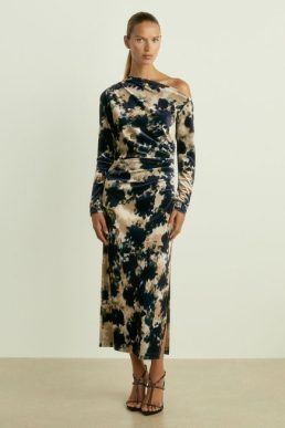 Reiss Briana Ruched Abstract-Print Velvet Dress Navy