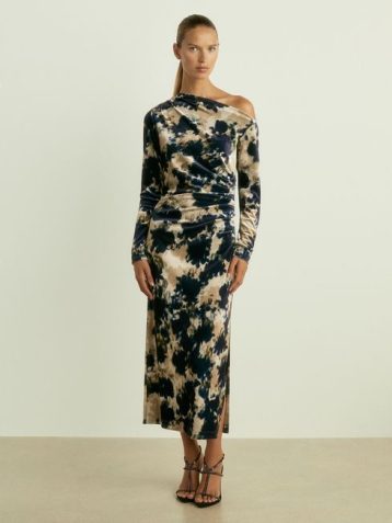 Reiss Briana Ruched Abstract-Print Velvet Dress Navy